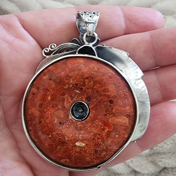 Artisan Sterling Silver and Red Floral Flower Dragonfly Pendant Chunky Boho - Picture 6 of 7